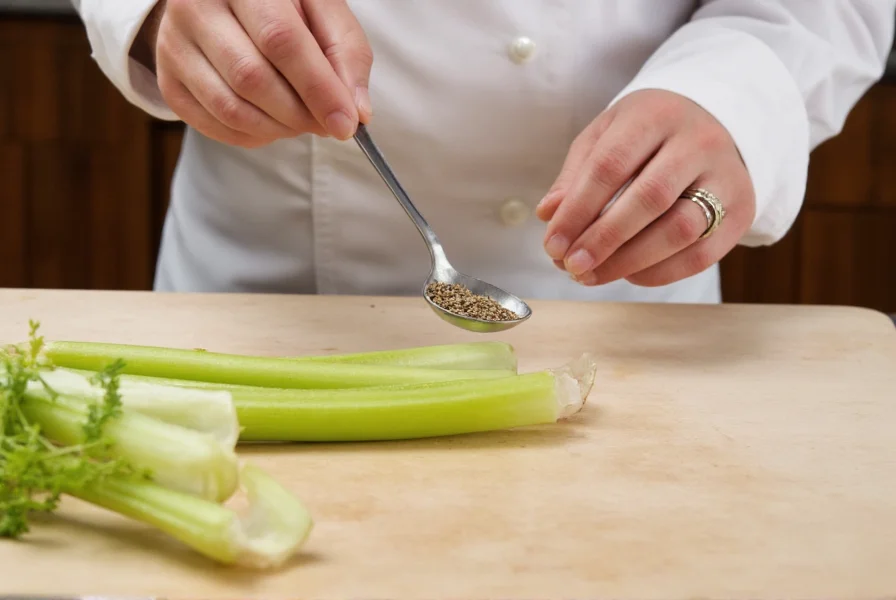 Chef's hand measuring celery seeds into a spoon with fresh celery stalks in background for accurate substitution demonstration
