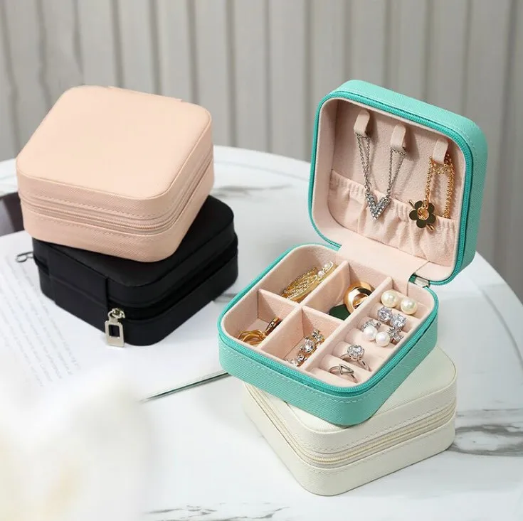 

Hot Sale Earrings Necklace Bracelets Box Organizer Portable Jewelry Storage Case PU Leather Small Travel Jewelry Boxes, Black, pink, white