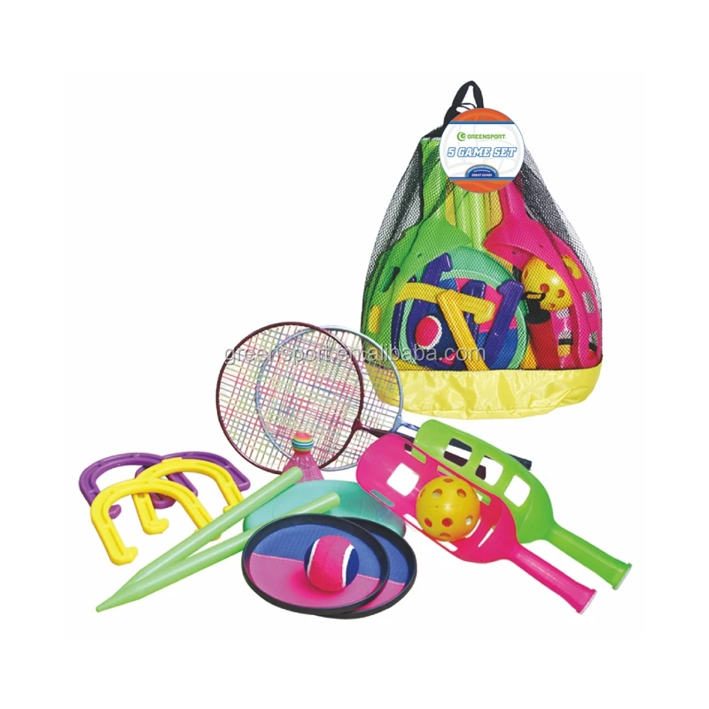 

Multi outdoor sports game set 5 game combo set badminton flip toss catch ball horse shoe flying disc, Multi color
