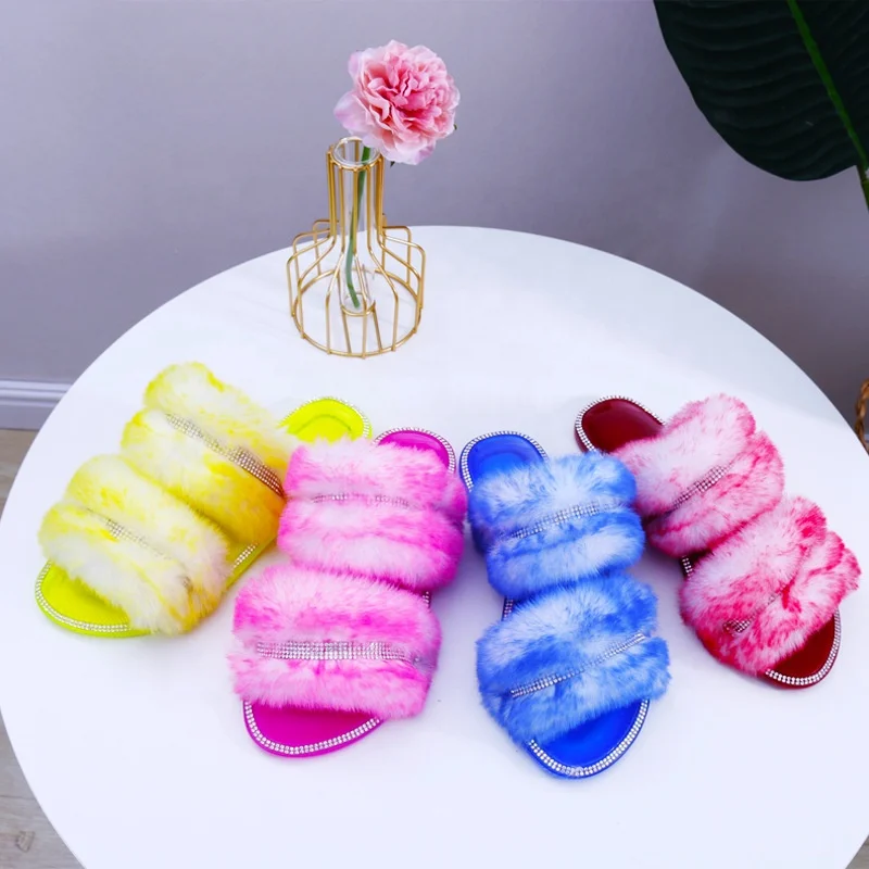 

New Arrival Clear Jelly Fur Slipper with Rhinestone Plush Slides Faux Fur Flat Slide for Ladies Furry Slides For Women