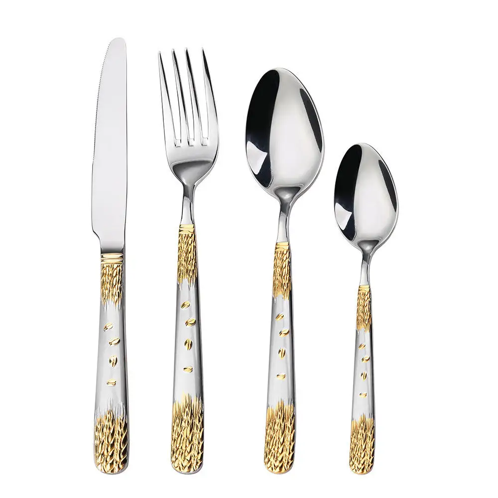 

Reusable Relief Wheat Spike Gold And Silver Handle Stainless Steel 4-piece Flatware Set For Wedding Restaurant