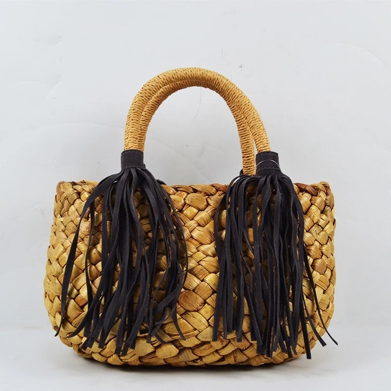 

Vintage Tassels Design Hand Weave Handbag Natural Straw Basket Bag for Women Lady Beach Resort Fashion Dress
