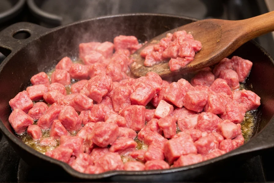 Properly cubed beef chuck browning in cast iron skillet for chili