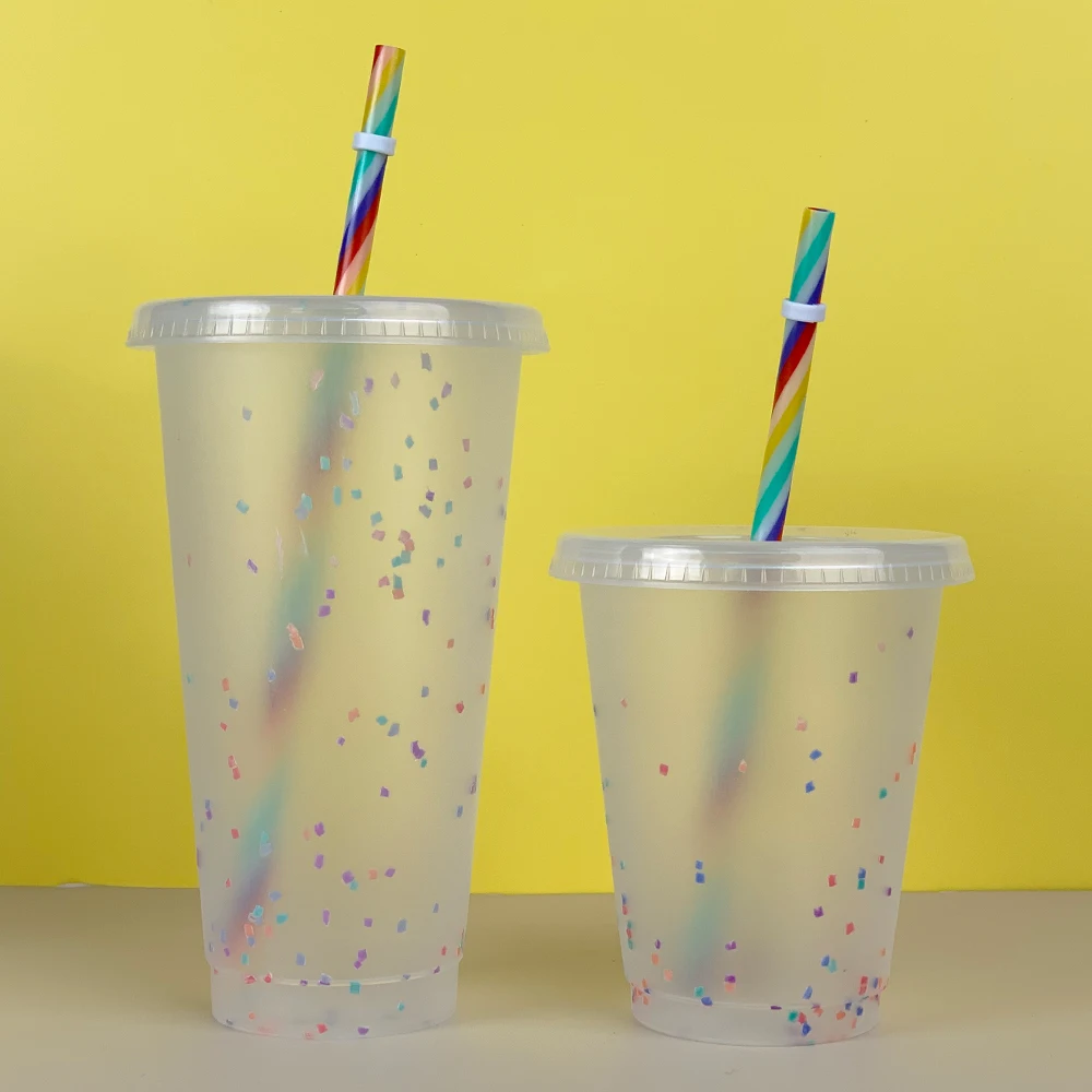 

2021 Reusable Summer Cold Water Color Changing Confetti Cup With Straw For Party Accept Custom