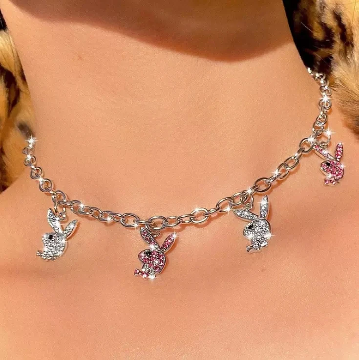 

Stainless steel metal cold HIPPOP rock street play boy full of drilled rabbit collarbone necklace wholesale, Sliver
