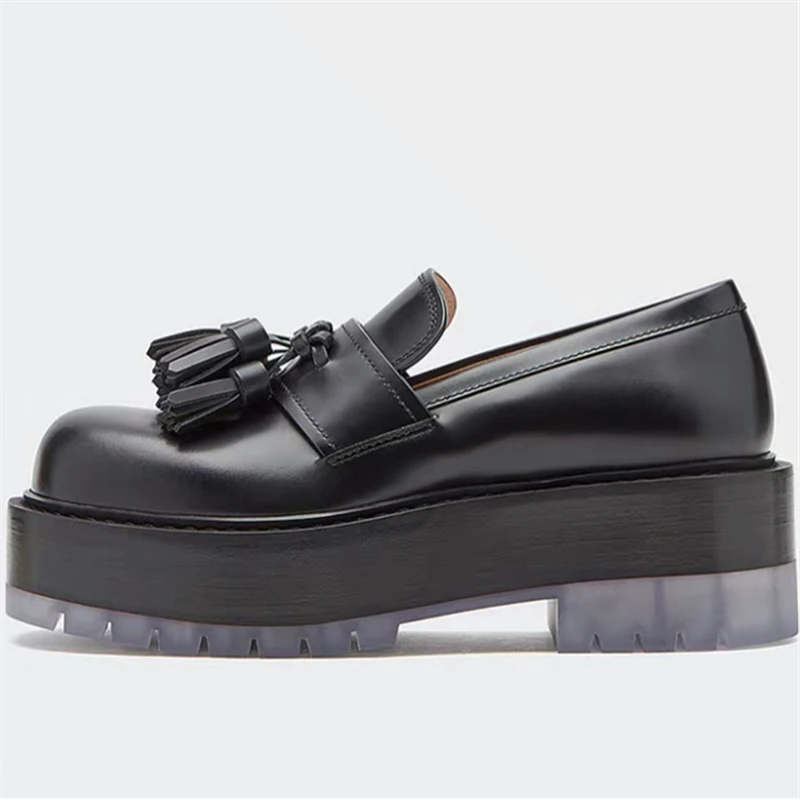 

2021 Spring Women Shoes Girls Slip On Platform Woman Brand Black Shoes Ladies Round Toe Bottom Female Real Leather Shoes