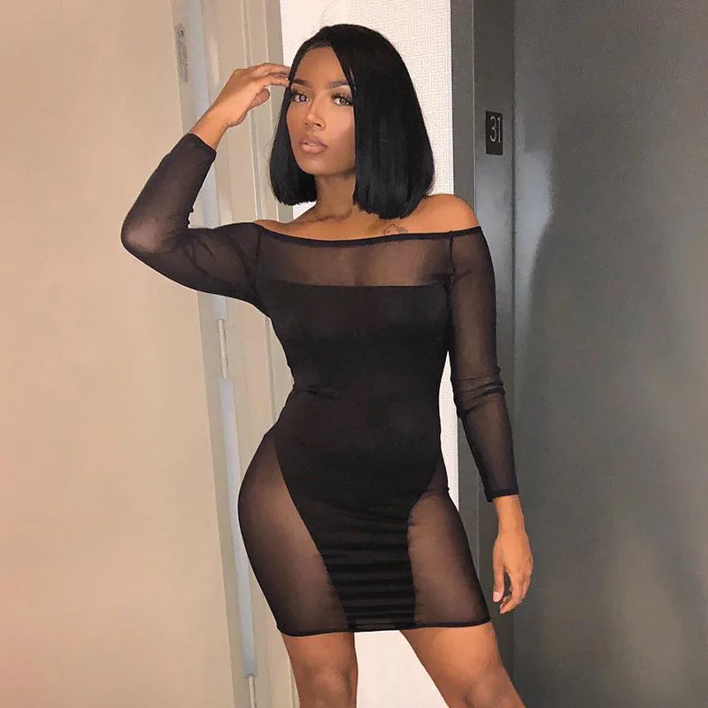 

Wholesale elegant casual women patchwork see through off shoulder long sleeve bodycon mini party club sexy dresses, Photo shows