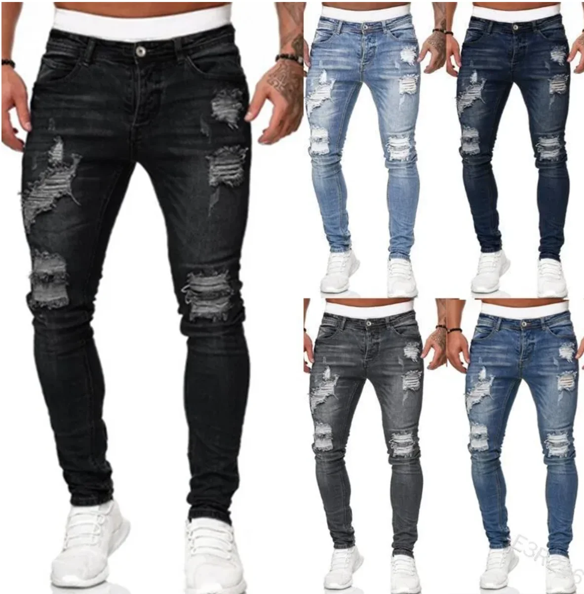 2026 American Street Fashion Jeans Men's Stretch Skinny Ripped Jeans Street Fashion Small Foot Pants Men's Jeans