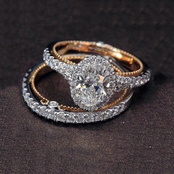 

2021 New Rectangle White Diamond Engagement Ring Set Gold Oval Shaped Egg Rings For Women Men, As picture