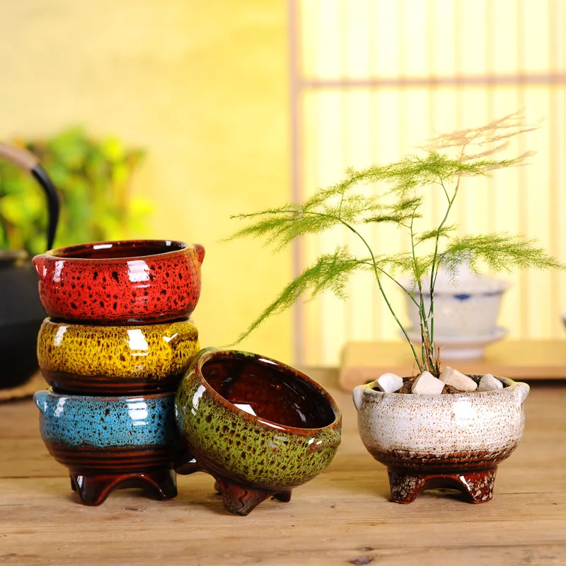 

New Design High-temperature Kiln Change Fleshy Flower Pot Succulents Pot, White/blue/yellow