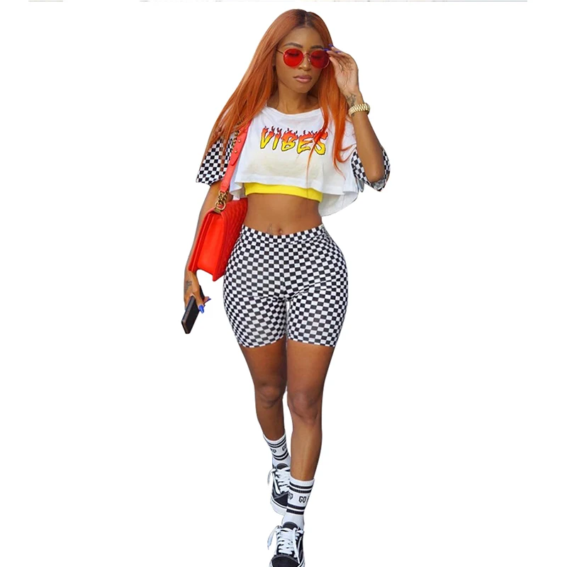 

Wantmove Women Sexy Black And White Plaid Letter Print Short Sleeve T-shirt Slim Shorts Casual Sport Two Piece Set XD9711