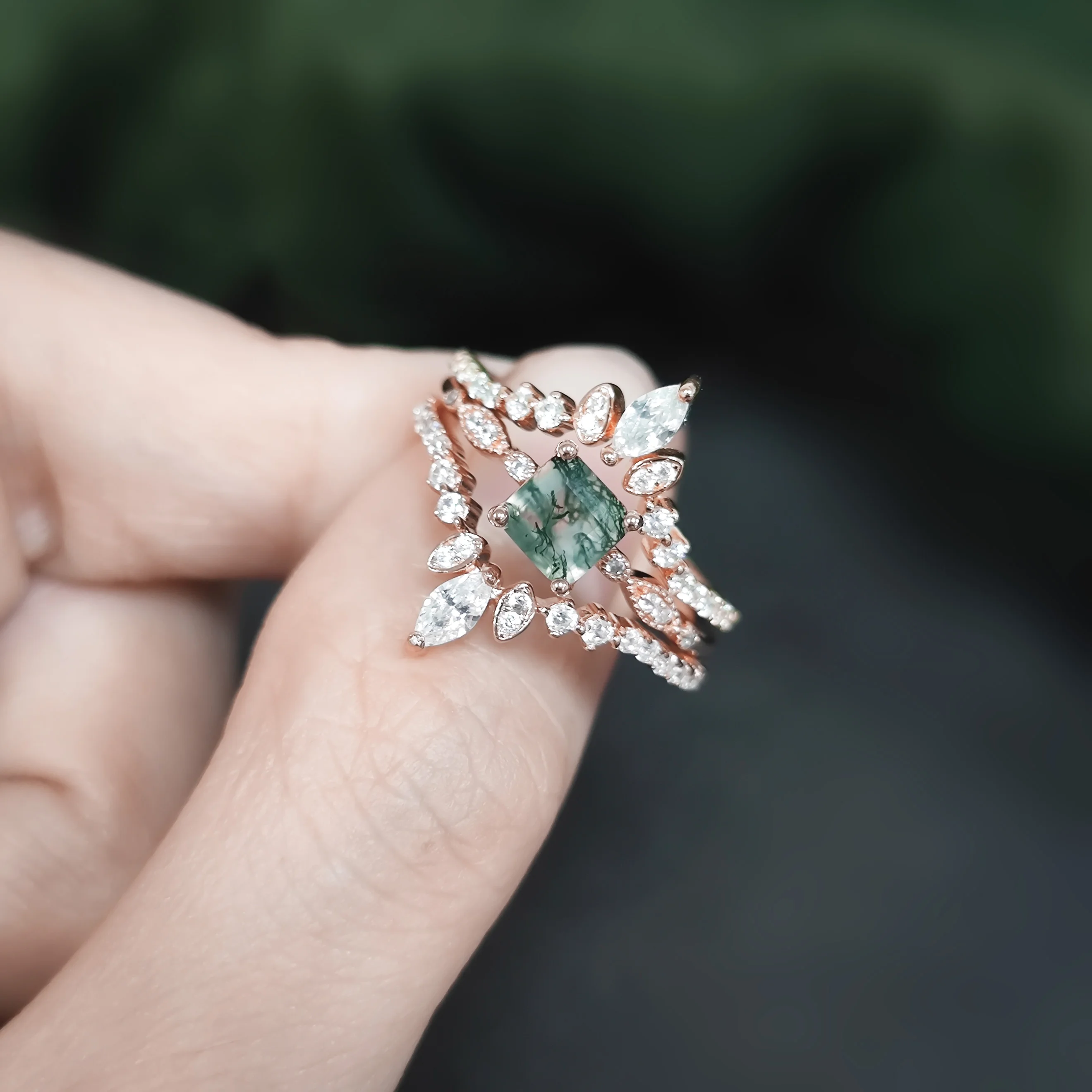 

Abiding Custom High End Jewelry Natural Green Moss Agate Stone Women 925 Silver Engagement Rose Gold Plated Stack Rings