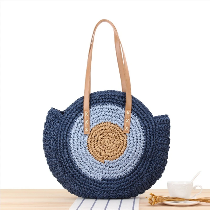 

Summer Handmade Bags for Women Beach Weaving Ladies Straw Bag Wrapped Beach Bag Moon shaped Top Handle Handbags Totes, Customized color