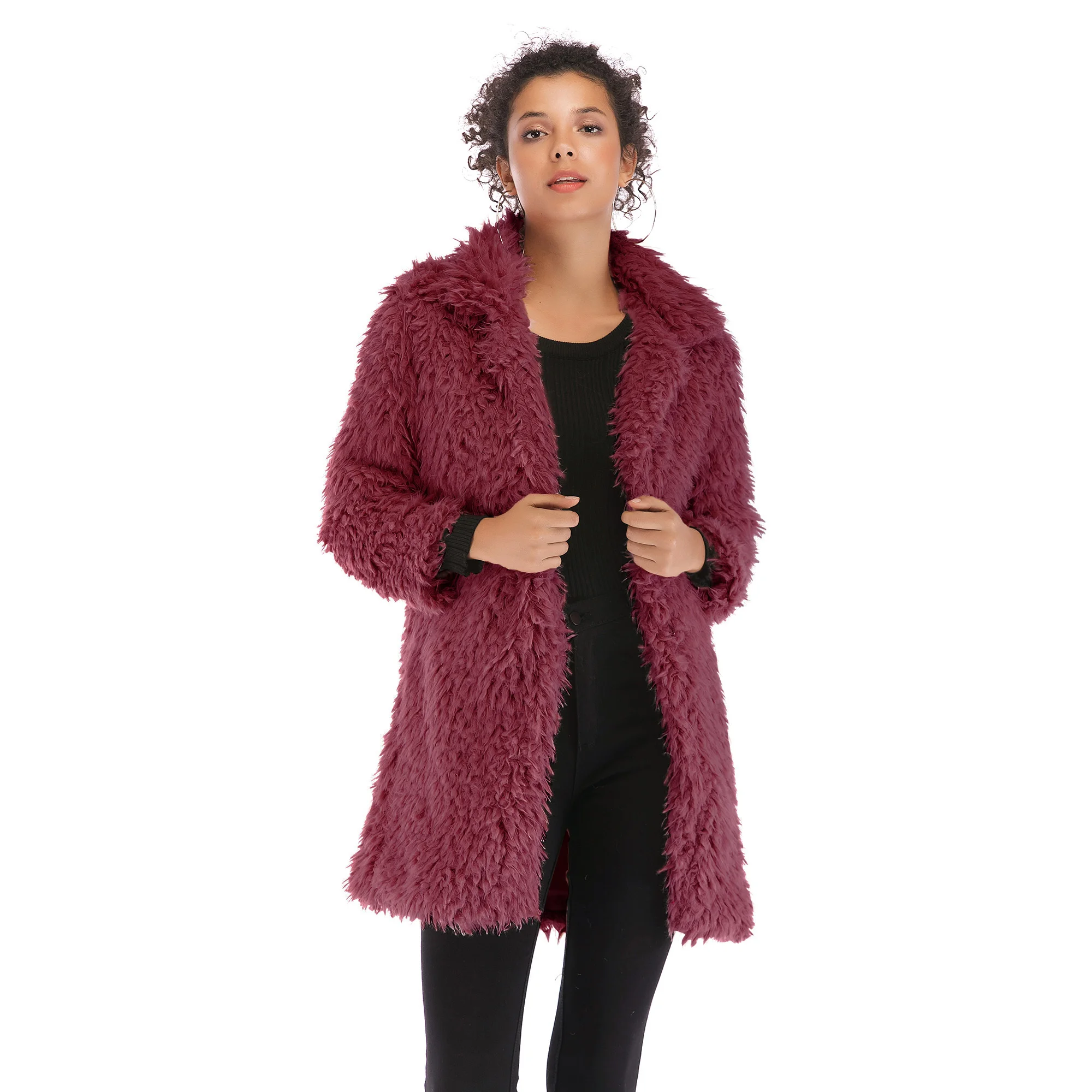 

Women Open Front Lapel Midi Fashion Coat Winter Plush Coat Wine Red, 1 colors