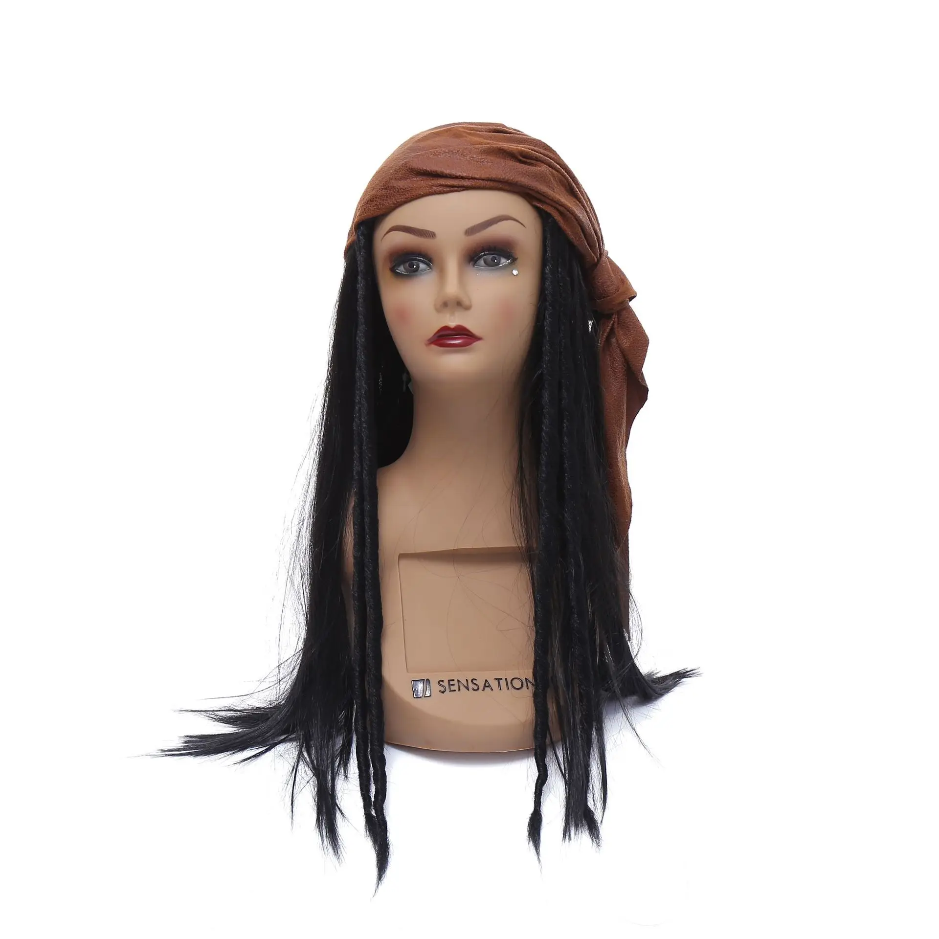 

Europe And America Crude Fuel Custom Pirate Turban Acting Performance Cosplay Wig Black Braided Long Straight Wig