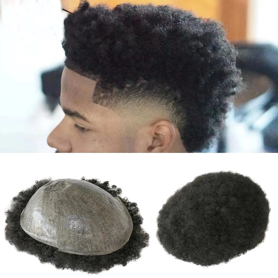 

6MM Afro Kinky Curly Men Toupee Durable Man Wig Natural Hair Thin Skin Indian Real Human Hair Toupees Replacement System Unit