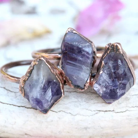 

LS-A2654 natural raw amethyst crystal ring,antique red copper plating birthstone ring jewelry