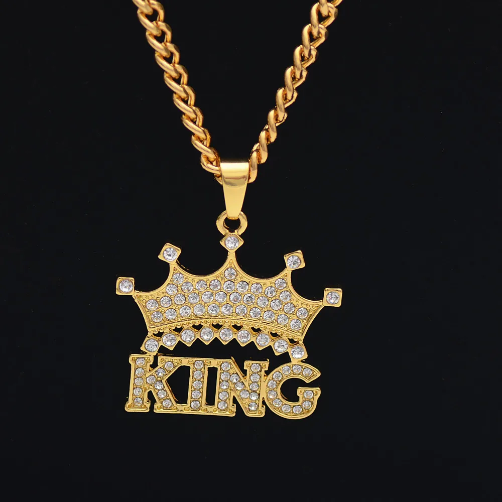 

New Hips Hops Stainless Steel Crown Pendant Necklace Pave Austrian Rhinestone KING Crown Pendant Necklaces