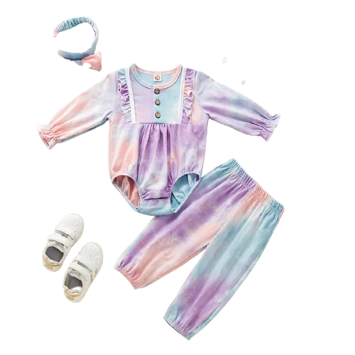 

2021 Summer Children fashion tie dye round collar headband long sleeve button romper pants suit baby clothes for girls, As pic shows, we can according to your request also