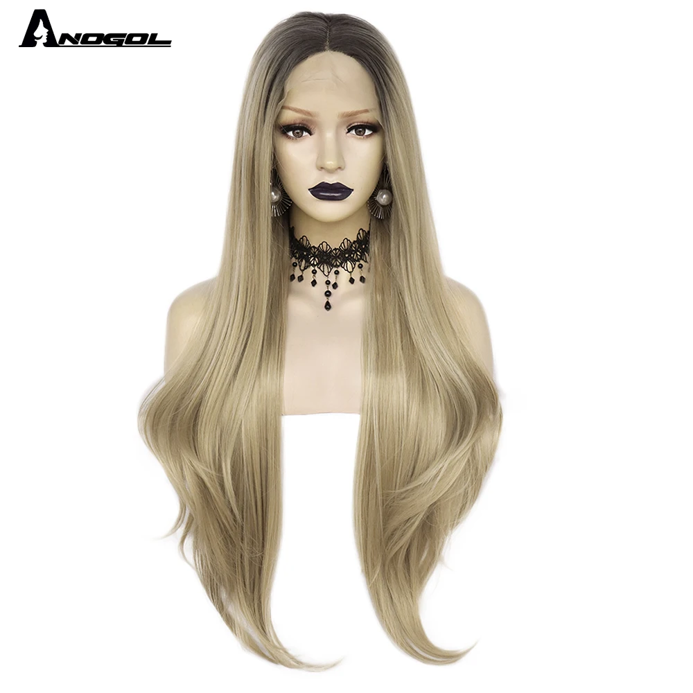 

Anogol Long Body Wave Blonde Lace Front Wig Heat Resistant Synthetic Hair Wigs for Women