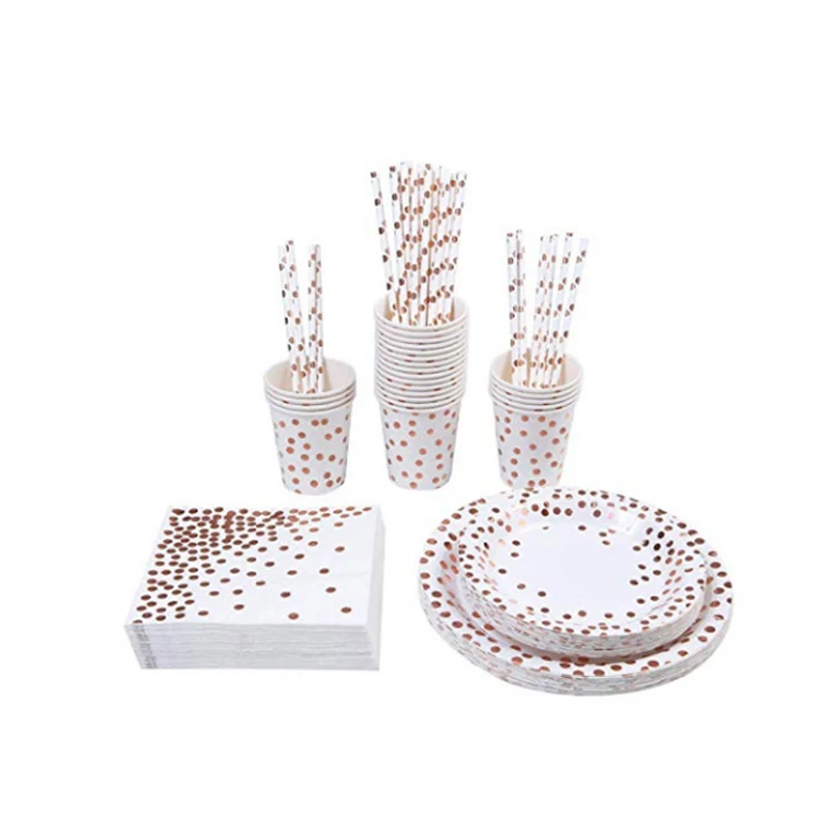 
125 pieces biodegradable rose gold paper cup tray straw napkin birthday party wedding supplies disposable paper tableware set 