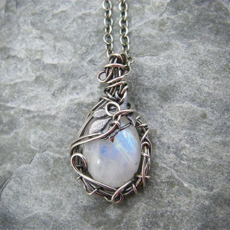 

SC Retro Opal Crystal Necklace Women Wedding Jewelry Fashion Silver Handmade Leaves Wire Wrapped Moonstone Pendant Necklace