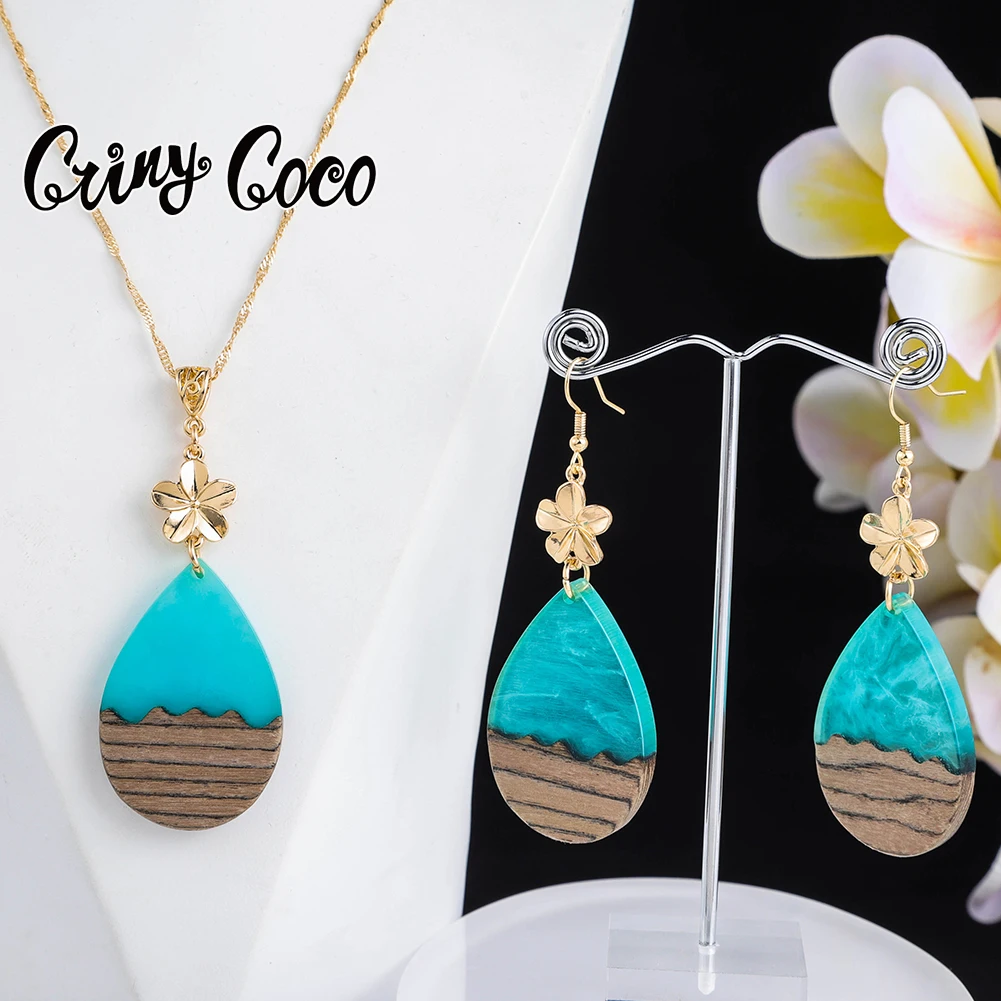 

Cring CoCo Plumeria New samoan hamilto gold Hibiscus resin wooden Earrings Blue haku polynesian set wholesale hawaiian jewelry, Picture shows