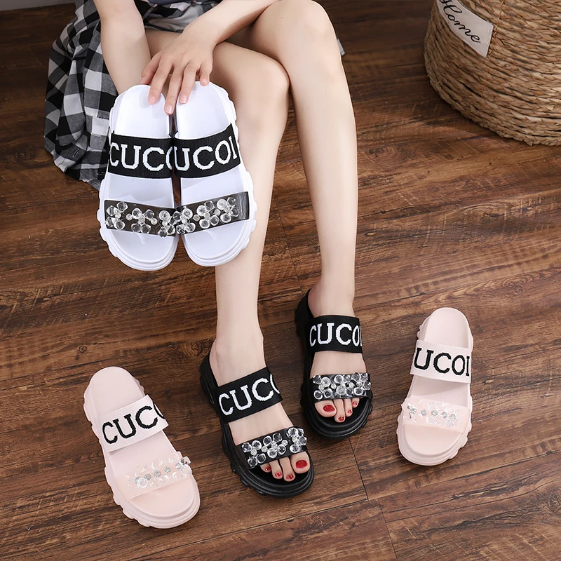 

Factory RTS summer fashion design custom ladies slides with logo PVC tow strap bling diamond beach platform women sandals, Picture/custom