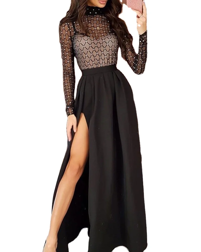 

Spring Fashion Dresses Women 2022 Long Sleeve Black Evening Dress Mesh Flocking Perspective Sexy Big Swing High Slit Dress, Picture color