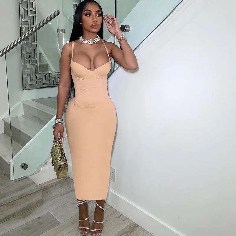 

Elegant Low Collar Sling Sleeveless Midi Length Dresses Women Evening Bodycon