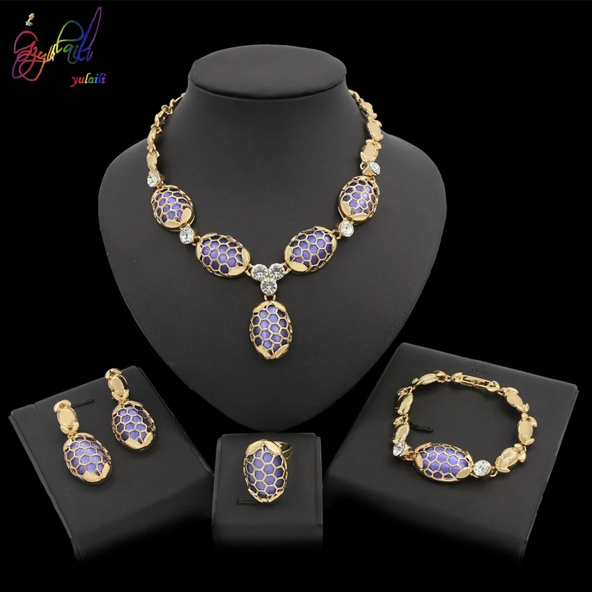 

2019 Wholesale Fashion Jewelry Set Costume Jewelries Gold Plated Necklace Purple Stones Party Meeting Jeweller Set For Women