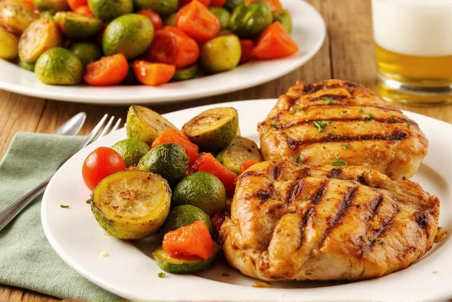 Filets de poulet grillés marinés dans une sauce au citron poivre servis avec des légumes rôtis