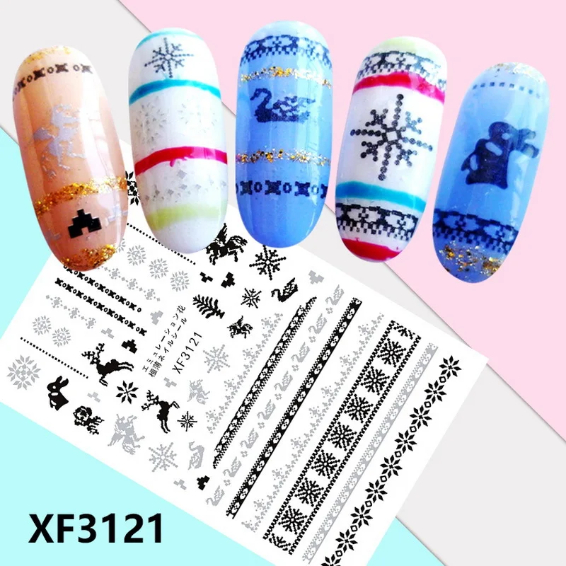 

XF3117-XF3134 2021 Christmas Series 3d Adhesive Nail Stickers Decorations Snowman Boots Trees Xmas Designs Beauty Nail Stickers, As picture show