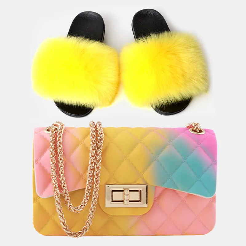 

Custom Cheap Real Fox Hand Bag Fur Slippers and Jelly Bag Fuzzy Slipper and Purses, Customized color