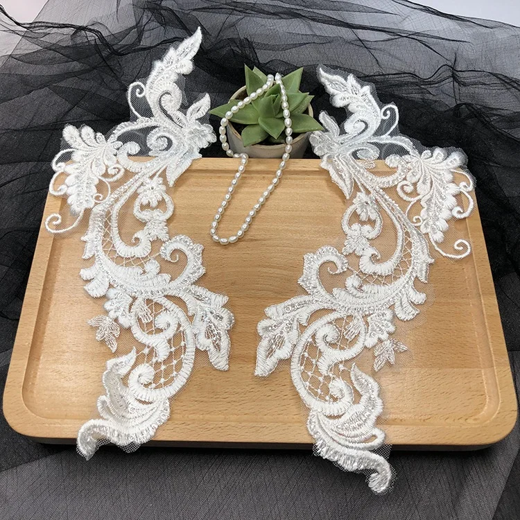 

Fancy bridal ivory embroidery sequins lace applique pair for mermaid wedding, White and customized color