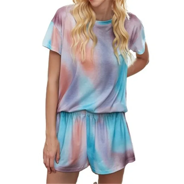 

Summer women's tie dye gradual casual wear short sleeved shorts home suit, 8 color