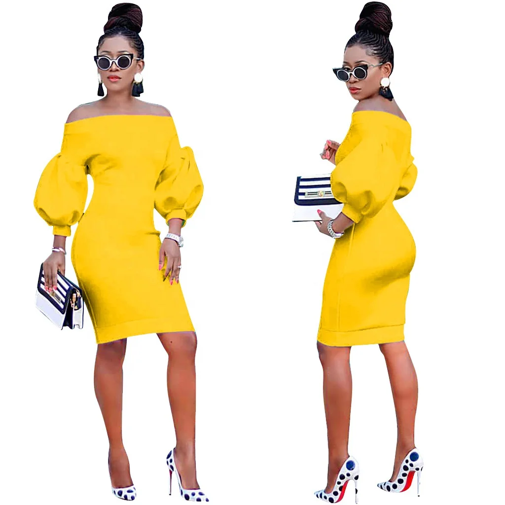 sexy solid color off the shoulder one-piece dress women puff sleeve dresses