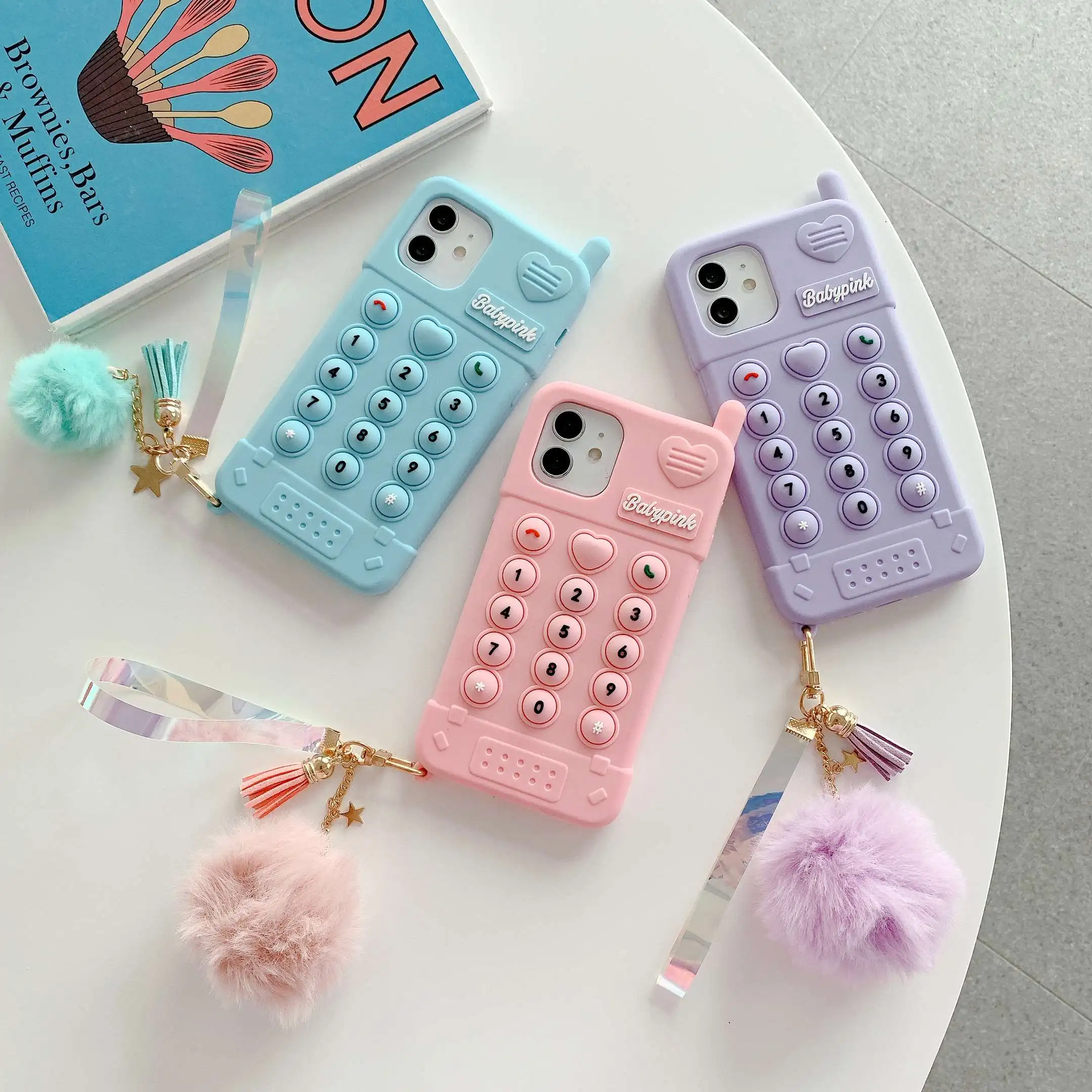 

Hot Sales Fashion Pretty for Girl Women Phone Case Silicone Soft Cover Push Bubble Fidget Toy For iPhone With Key Chain, Multiple colors