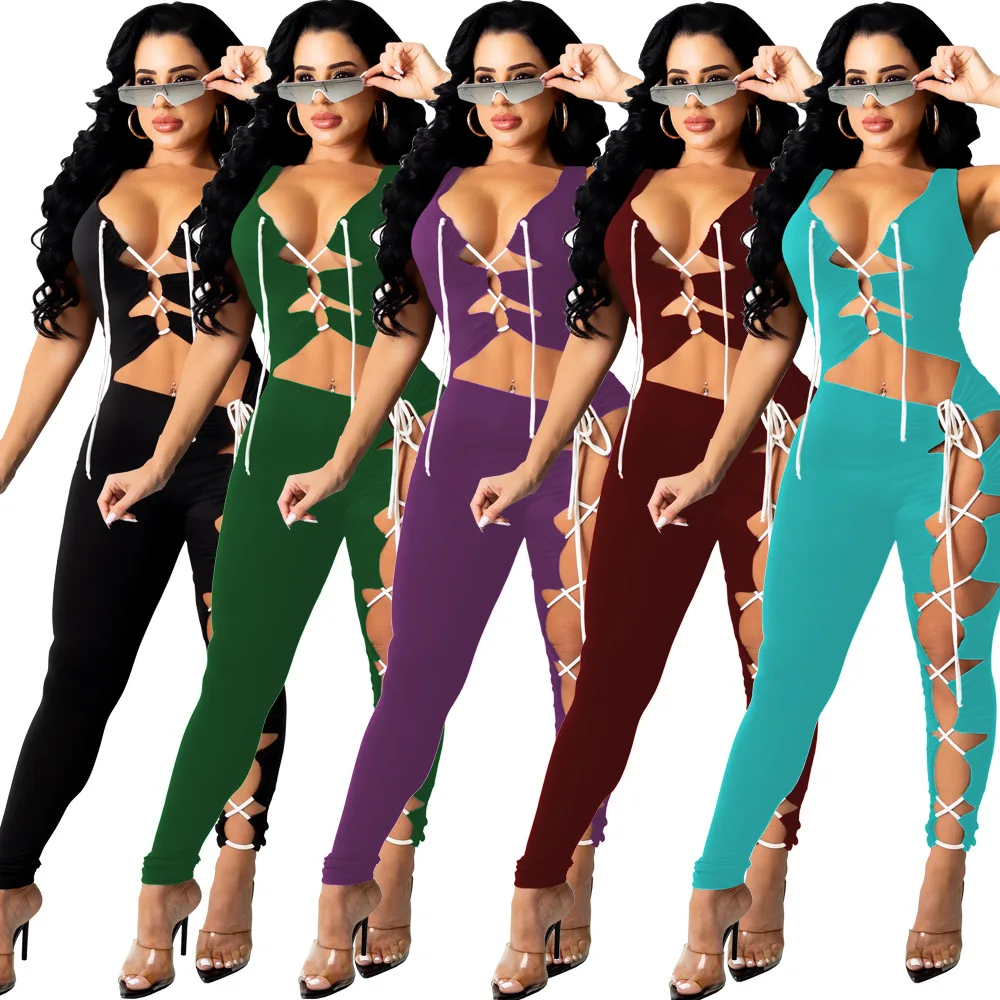 

MD-20061902 2021 Women One Piece Sexy Skinny Jumpsuits Rompers Party Club Wear Bodycon Hollow Out Fashion Jumpsuits Bodysuits