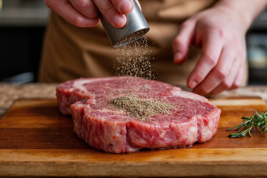 Chef seasoning a steak with freshly ground triple pepper blend
