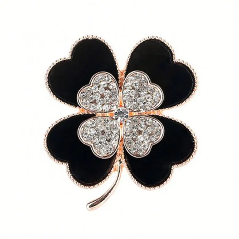 

Black four Leaf Clover Women's Brooch Fashion Simple Flower Brooch Creative Temperament Diamond Brooch, Rose gold/silver