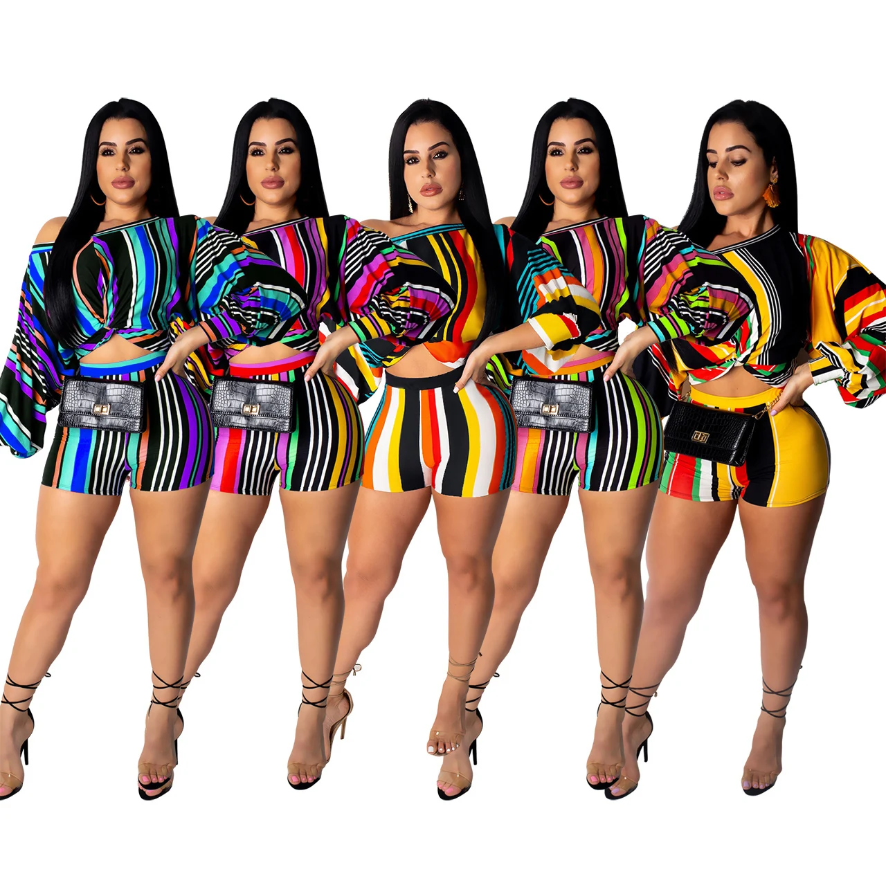 

Q220 Hot style 2020 women's sexy western nightclubs striped long-sleeve shorts bubble sleeve two-piece set