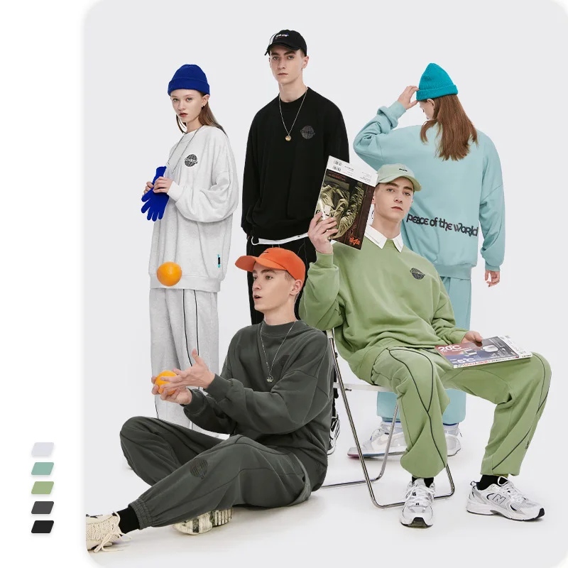 

Wholesale Loose Fitting Hoodie Reflective Bunched Foot Men's Sweatsuit, 5 colors