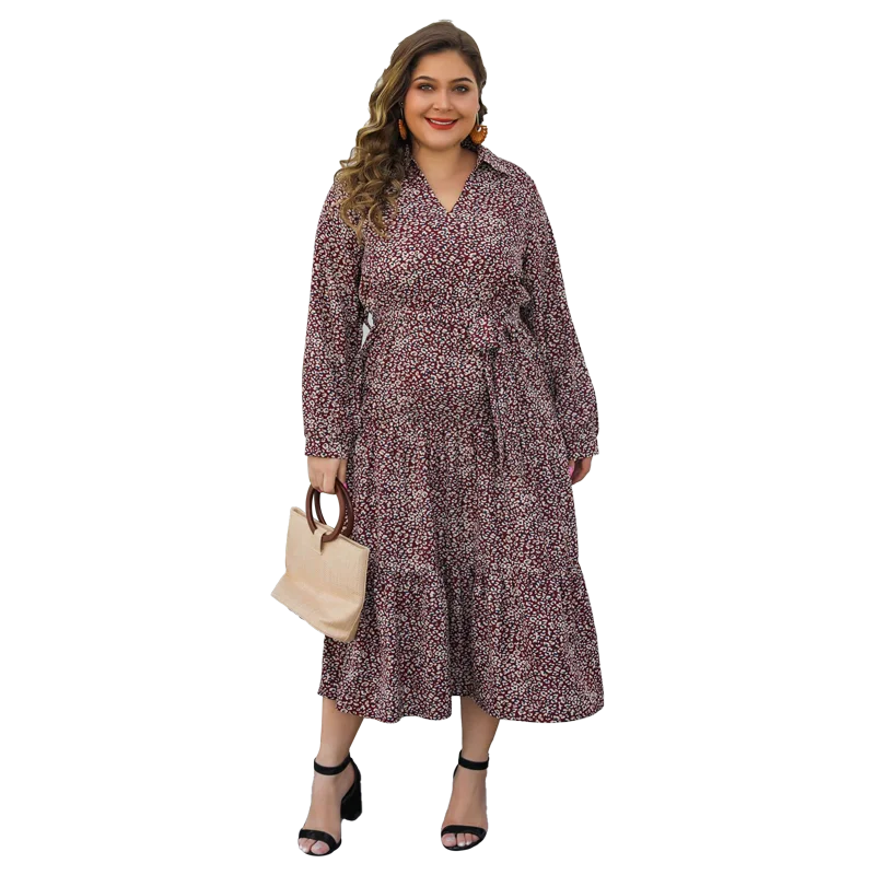 

Long Sleeve Shirt Floral Dress Plus Size Button Up Ruffle Maxi Dress, Brown