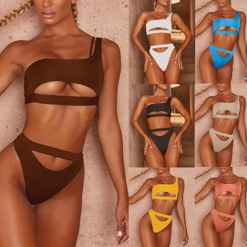 

Dropshipping 2021 New Design custom women swimwear bikini set cut out One Shoulder High Waisted Bikini Swimsuit, Picture or customized