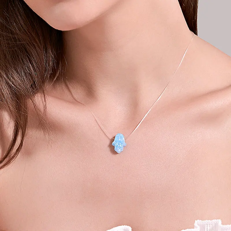 

2020 Fashion Fish Line Opal Resin Choker Hamsa Hand Necklace For Women, Picture