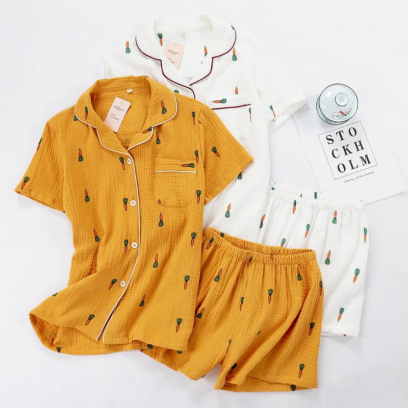 

Summer muslin cotton material pajamas set for women with cheap price, As picture