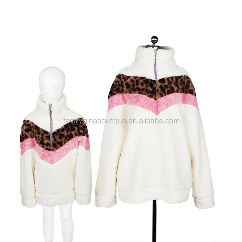 

Wholesale New Style Fleece Top Adult Kids Patchwork Leopard Sherpa Pullover, As pic show