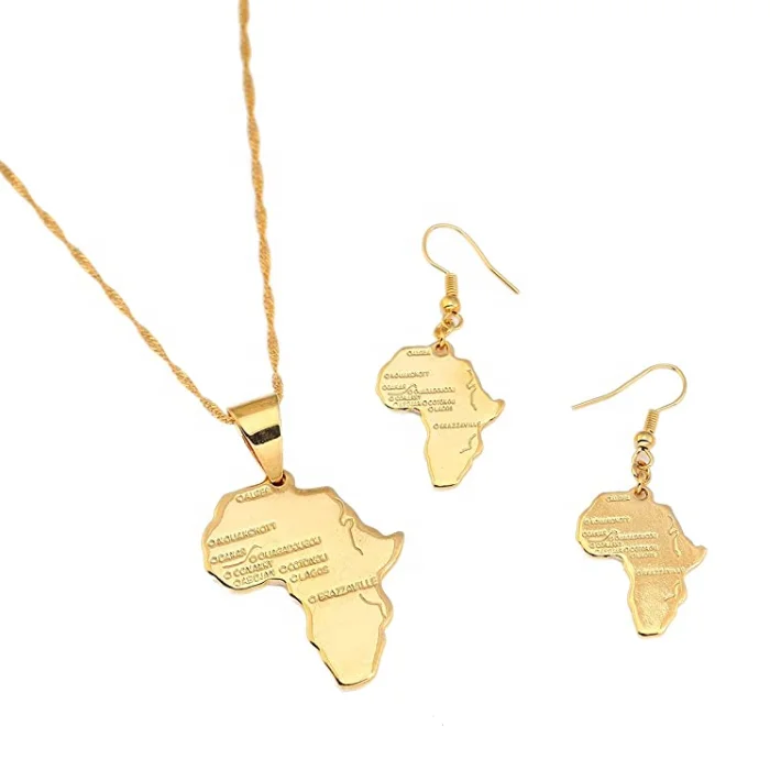 

Africa Map Pendant Necklace Women Men Stainless Steel Gold Plated African Map Necklace Earrings Set