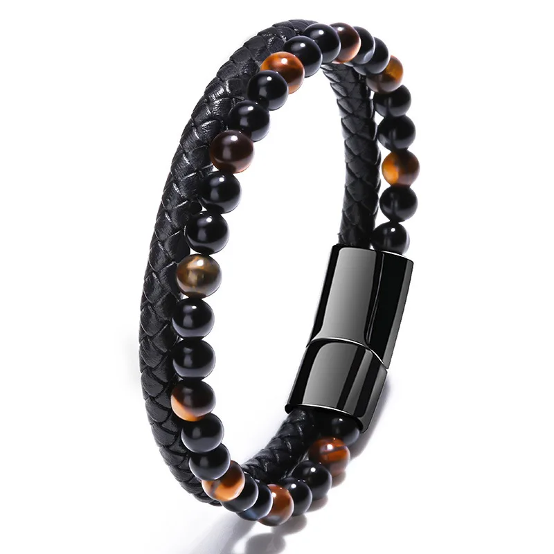 

Valentines Day Double Layer Classic Black Magnetic Clasp Braided Leather Natural Stone Beads Bracelet for Men